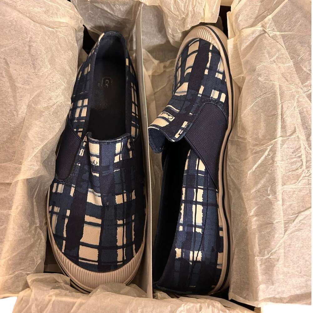 Coach "Kaycee" Blue/White Plaid Slip-On Canvas Sneakers, textured rubber toe cap